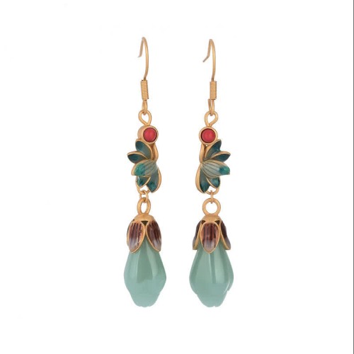 Magnolia Flower Jade Luck Prosperity Drop Earrings Magnolia Flower Jade Luck Prosperity Drop Earrings