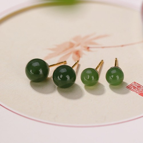 925 Silver Round Cyan Jade Healing Stud Earrings