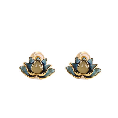 925 Sterling Silver Hetian Cyan Jade Lotus Flower Earrings 925 Sterling Silver Hetian Cyan Jade Lotus Flower Earrings