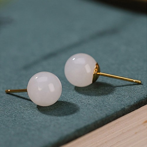 925 Sterling Silver Round White Jade Blessing Stud Earrings 925 Sterling Silver Round White Jade Blessing Stud Earrings