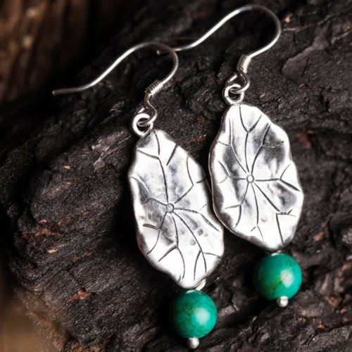 925 Sterling Silver Turquoise Lotus Leaf Protection Earrings 925 Sterling Silver Turquoise Lotus Leaf Protection Earrings