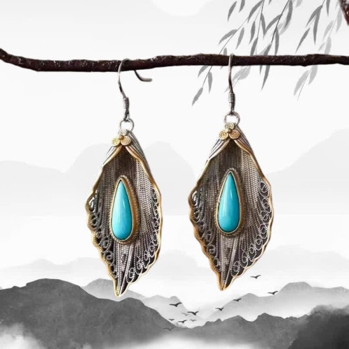 925 Sterling Silver Turquoise Bodhi Leaf Protection Drop Earrings 925 Sterling Silver Turquoise Bodhi Leaf Protection Drop Earrings
