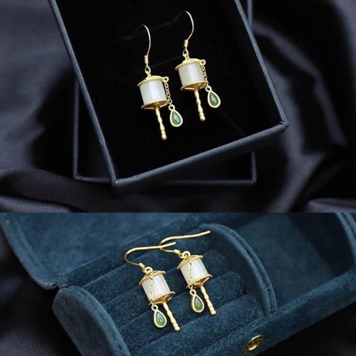 925 Sterling Silver Jade Prayer Wheel Luck Drop Earrings 925 Sterling Silver Jade Prayer Wheel Luck Drop Earrings