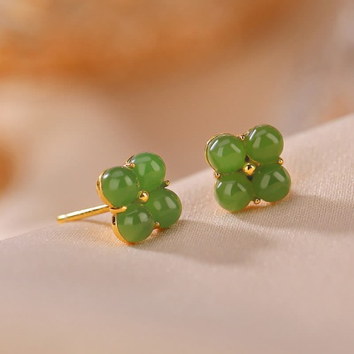 925 Sterling Silver Gold-Plated Cyan Jade Four Leaf Clover Luck Earrings