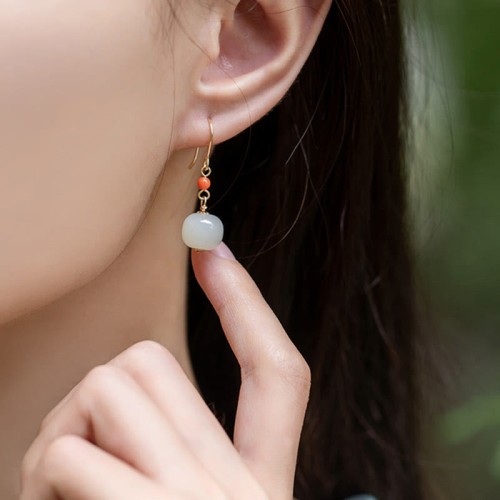 925 Sterling Silver 14K Gold-Plated Hetian Jade Red Agate Luck Earrings 925 Sterling Silver 14K Gold-Plated Hetian Jade Red Agate Luck Earrings