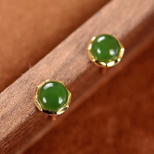 925 Sterling Silver Gold-Plated Hetian Cyan Jade Luck Stud Earrings 925 Sterling Silver Gold-Plated Hetian Cyan Jade Luck Stud Earrings