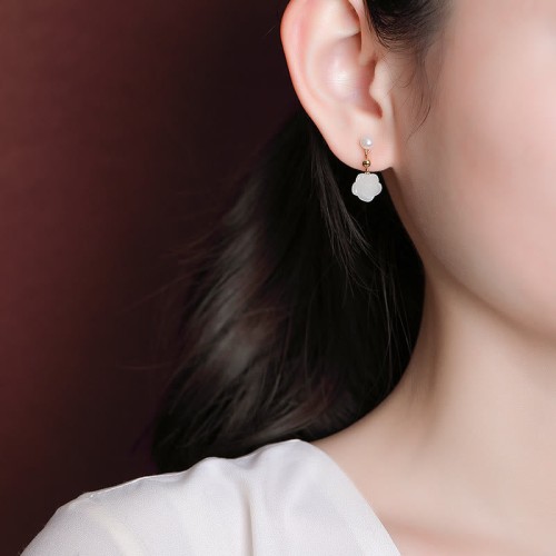 925 Sterling Silver Plated Gold Jade Rose Flower Cyan Jade Pearl Earrings 925 Sterling Silver Plated Gold Jade Rose Flower Cyan Jade Pearl Earrings
