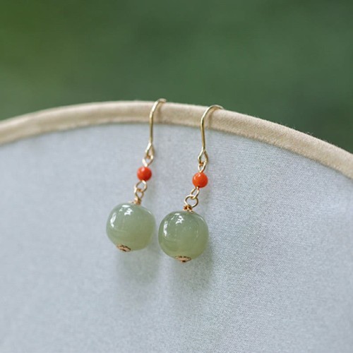 925 Sterling Silver 14K Gold-Plated Hetian Jade Red Agate Luck Earrings 925 Sterling Silver 14K Gold-Plated Hetian Jade Red Agate Luck Earrings