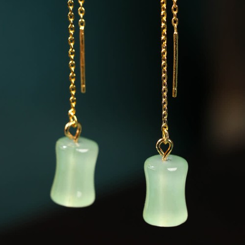 Jade Bamboo Pattern Luck Drop Earrings Jade Bamboo Pattern Luck Drop Earrings