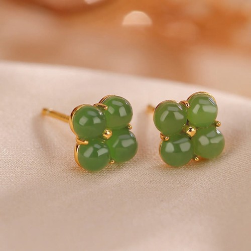 925 Sterling Silver Gold-Plated Cyan Jade Four Leaf Clover Luck Earrings