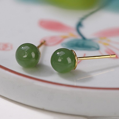 925 Silver Round Cyan Jade Healing Stud Earrings