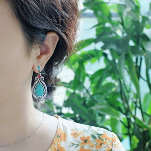 Tibetan Vintage Turquoise Waterdrop Strength Earrings