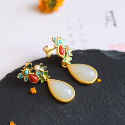 White Jade Red Agate Butterfly Protection Drop Earrings White Jade Red Agate Butterfly Protection Drop Earrings