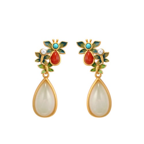White Jade Red Agate Butterfly Protection Drop Earrings White Jade Red Agate Butterfly Protection Drop Earrings