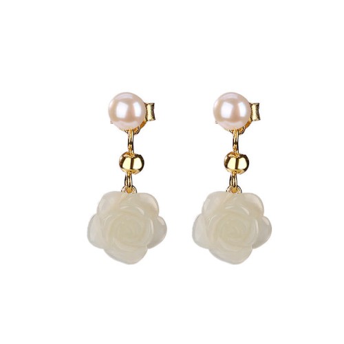 925 Sterling Silver Plated Gold Jade Rose Flower Cyan Jade Pearl Earrings 925 Sterling Silver Plated Gold Jade Rose Flower Cyan Jade Pearl Earrings