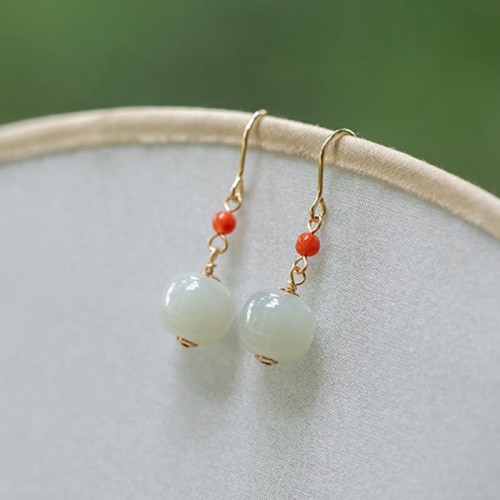925 Sterling Silver 14K Gold-Plated Hetian Jade Red Agate Luck Earrings 925 Sterling Silver 14K Gold-Plated Hetian Jade Red Agate Luck Earrings