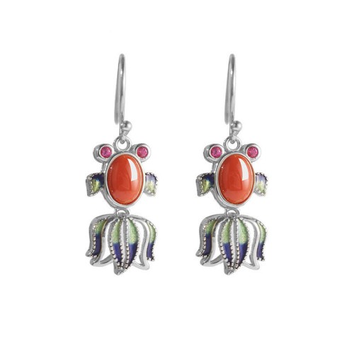 925 Sterling Silver Hetian White Jade Red Agate Fish Happiness Earrings 925 Sterling Silver Hetian White Jade Red Agate Fish Happiness Earrings