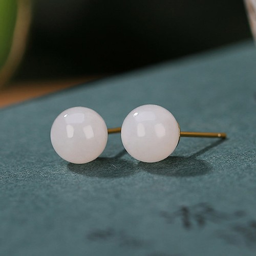 925 Sterling Silver Round White Jade Blessing Stud Earrings 925 Sterling Silver Round White Jade Blessing Stud Earrings