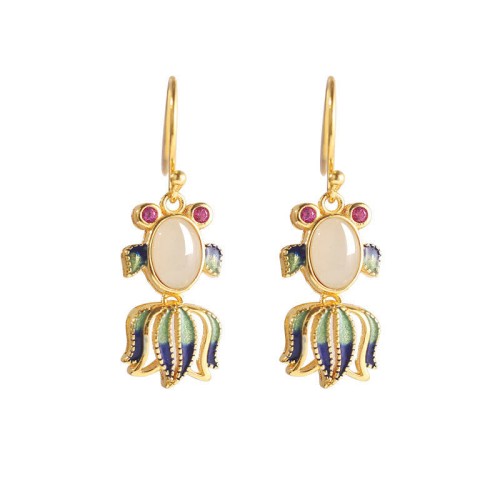 925 Sterling Silver Hetian White Jade Red Agate Fish Happiness Earrings 925 Sterling Silver Hetian White Jade Red Agate Fish Happiness Earrings