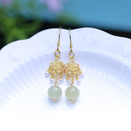 Hetian Jade Flower 14K Gold-Plated Luck Drop Earrings