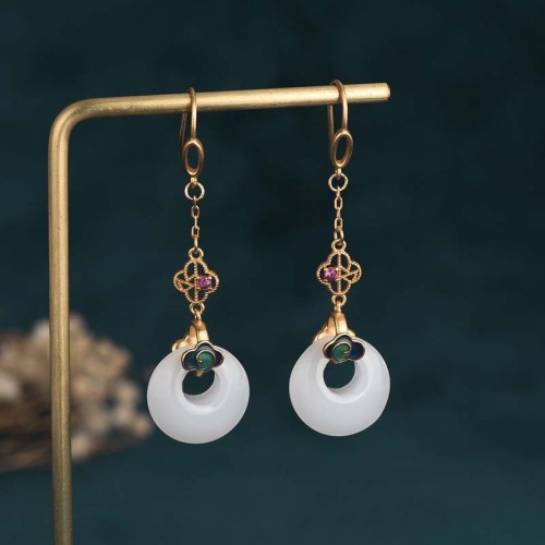 Feng Shui White Jade Blessing Earrings