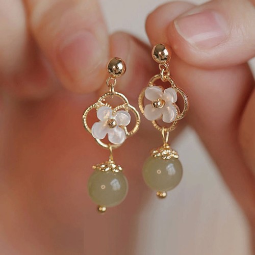 Tridacna Stone Flower Jade Bead Blessing Earrings