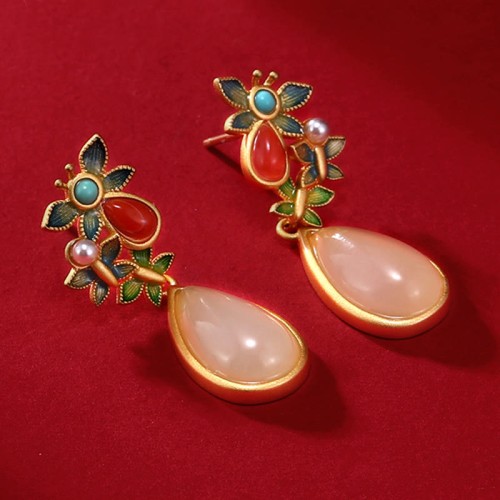 White Jade Red Agate Butterfly Protection Drop Earrings White Jade Red Agate Butterfly Protection Drop Earrings