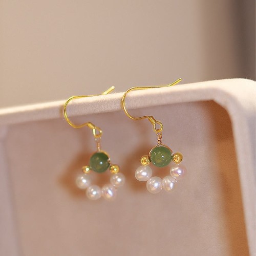 Cyan Jade Pearl Bead Luck Drop Earrings Cyan Jade Pearl Bead Luck Drop Earrings