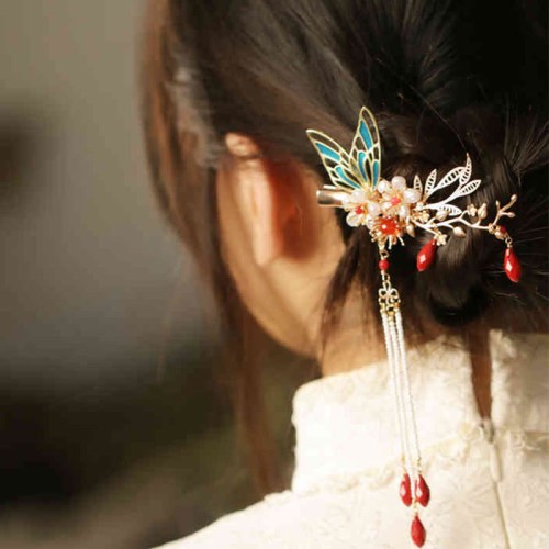 Flower Branch Butterfly Pearl Tassel Hairpin