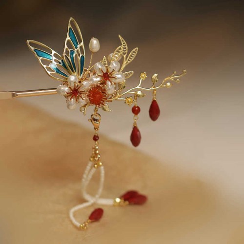 Flower Branch Butterfly Pearl Tassel Hairpin