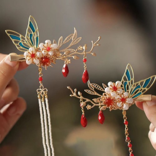 Flower Branch Butterfly Pearl Tassel Hairpin