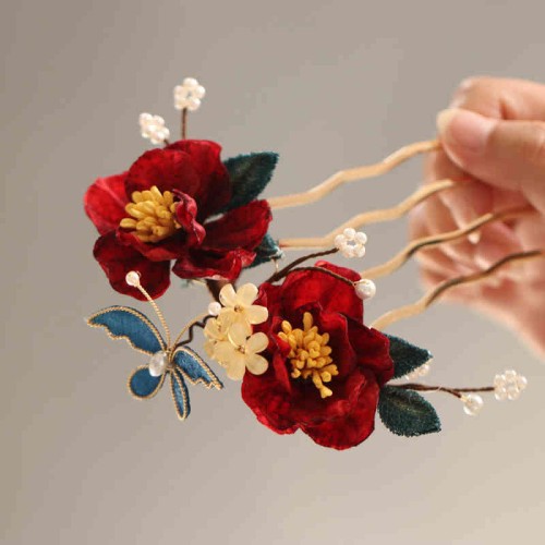 Chinese Red Camellia Butterfly Hairpin Chinese Red Camellia Butterfly Hairpin