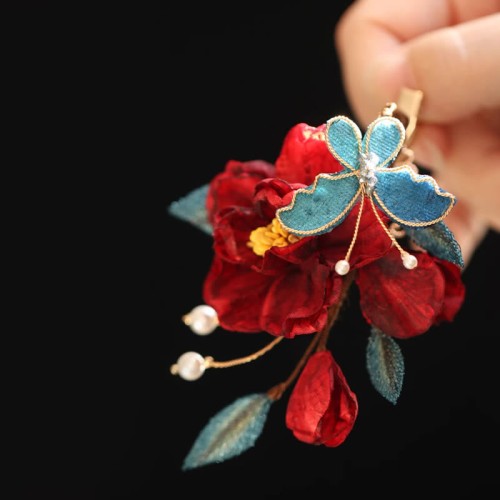 Chinese Red Camellia Butterfly Hairpin Chinese Red Camellia Butterfly Hairpin