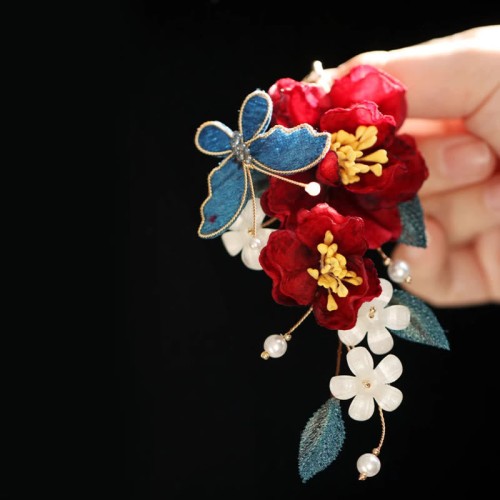 Chinese Red Camellia Butterfly Hairpin Chinese Red Camellia Butterfly Hairpin