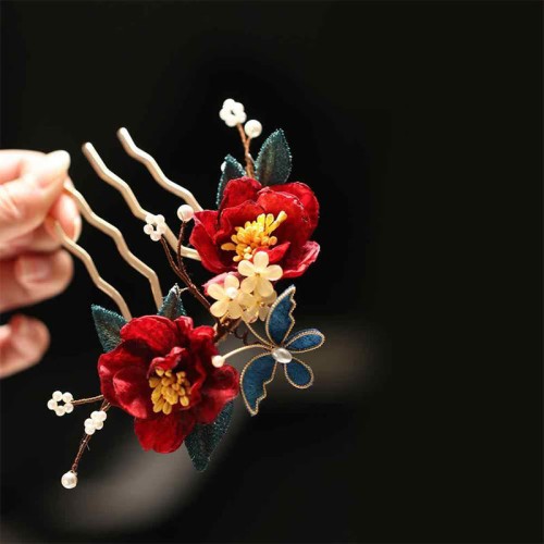 Chinese Red Camellia Butterfly Hairpin Chinese Red Camellia Butterfly Hairpin
