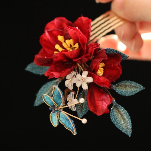Chinese Red Camellia Butterfly Hairpin Chinese Red Camellia Butterfly Hairpin