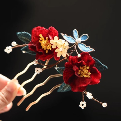 Chinese Red Camellia Butterfly Hairpin Chinese Red Camellia Butterfly Hairpin