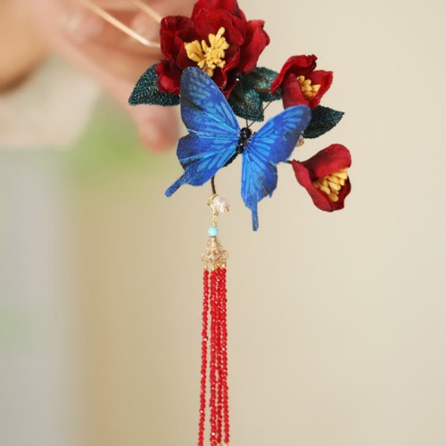 Red Flower Blue Butterfly Hairpin Red Flower Blue Butterfly Hairpin