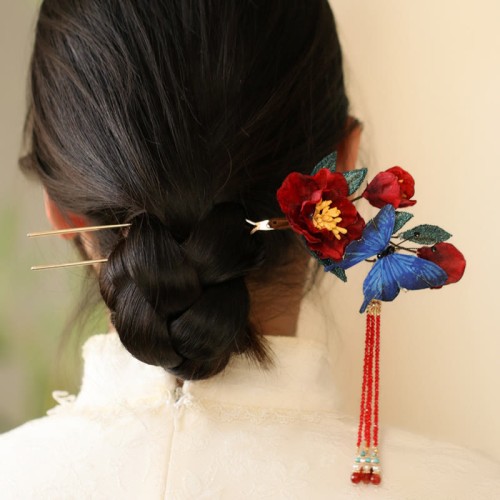 Red Flower Blue Butterfly Hairpin Red Flower Blue Butterfly Hairpin