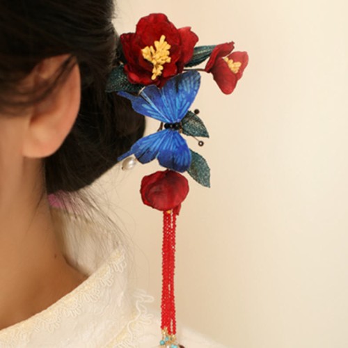 Red Flower Blue Butterfly Hairpin Red Flower Blue Butterfly Hairpin