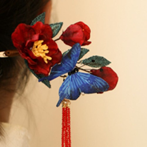 Red Flower Blue Butterfly Hairpin Red Flower Blue Butterfly Hairpin