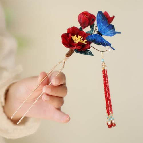 Red Flower Blue Butterfly Hairpin Red Flower Blue Butterfly Hairpin