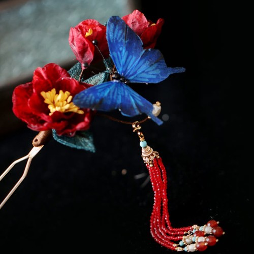 Red Flower Blue Butterfly Hairpin Red Flower Blue Butterfly Hairpin