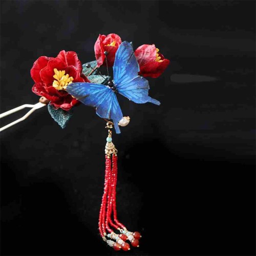 Red Flower Blue Butterfly Hairpin Red Flower Blue Butterfly Hairpin