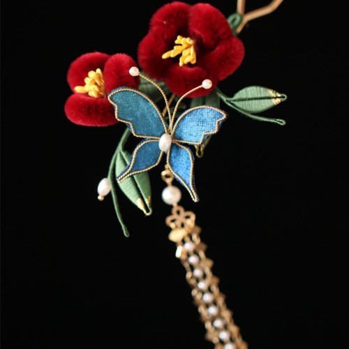 Red Flower Blue Butterfly Hairpin Red Flower Blue Butterfly Hairpin