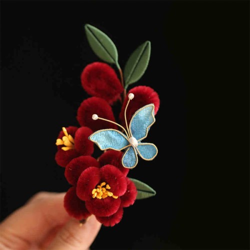 Red Flower Blue Butterfly Hairpin Red Flower Blue Butterfly Hairpin