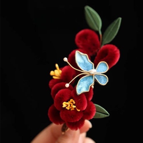 Red Flower Blue Butterfly Hairpin Red Flower Blue Butterfly Hairpin