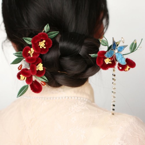 Red Flower Blue Butterfly Hairpin Red Flower Blue Butterfly Hairpin