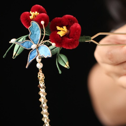 Red Flower Blue Butterfly Hairpin Red Flower Blue Butterfly Hairpin