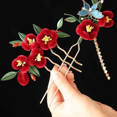 Red Flower Blue Butterfly Hairpin Red Flower Blue Butterfly Hairpin